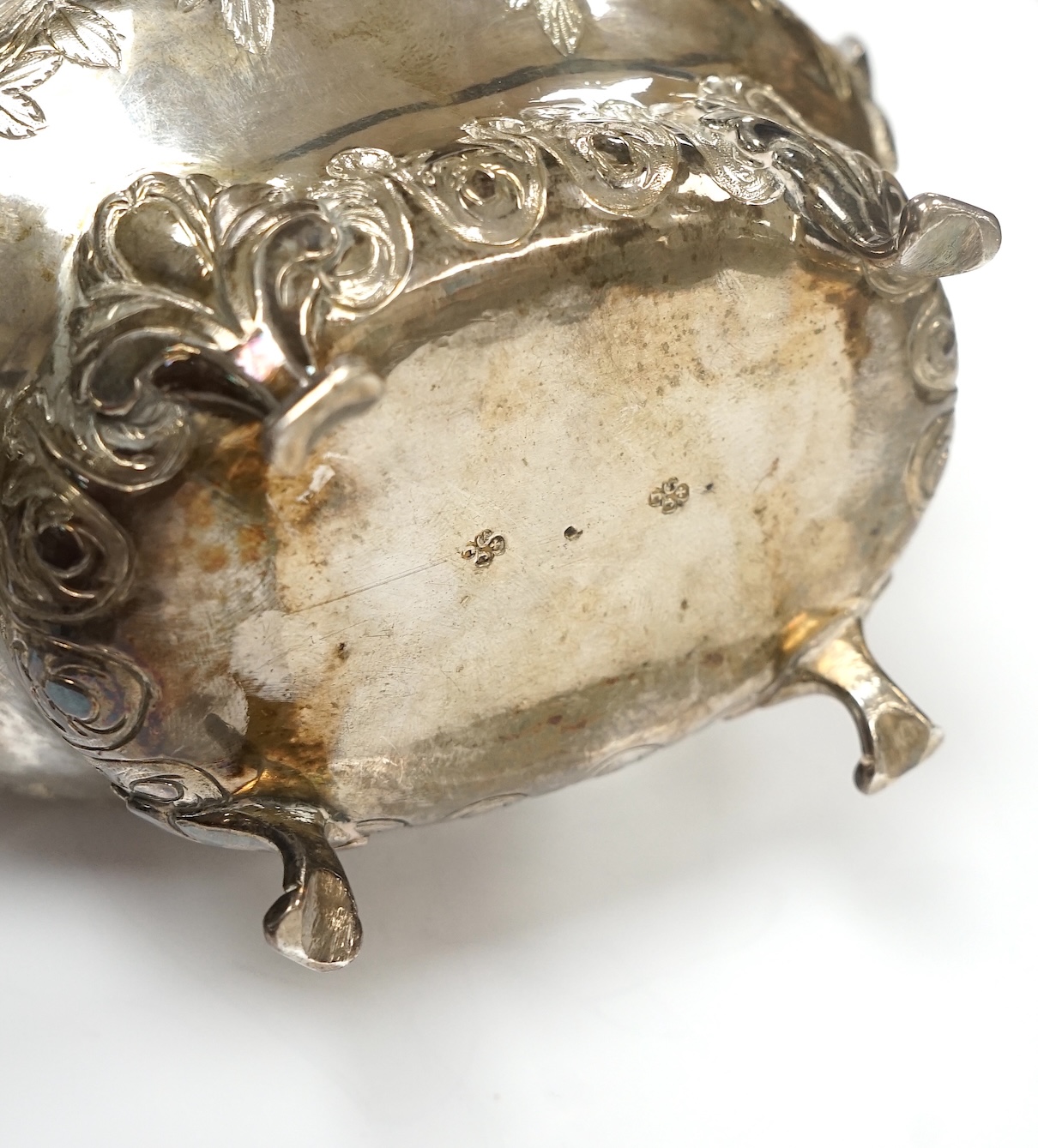 An early 19th century French? white metal oval two handled bowl and cover, maker's mark stamped twice, length 15.3cm, 14.5oz. Condition - poor